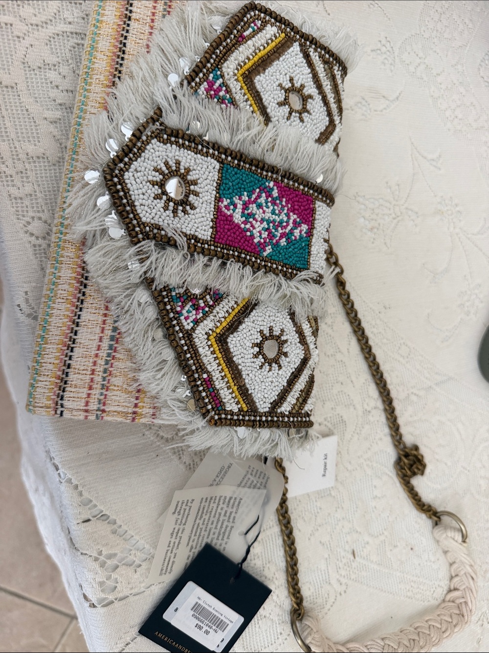 Beaded Tribal Fringe Crossbody Bag in White and Multicolor.   America & beyond